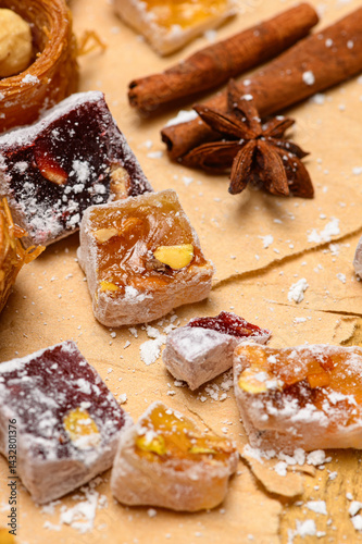 Sweet food Turkish delight on wooden background, assorted locum and candy for decorated backdrop