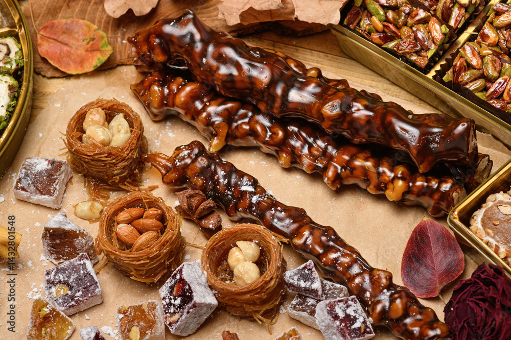 Sweet food Turkish delight on wooden background, assorted locum and candy for decorated backdrop