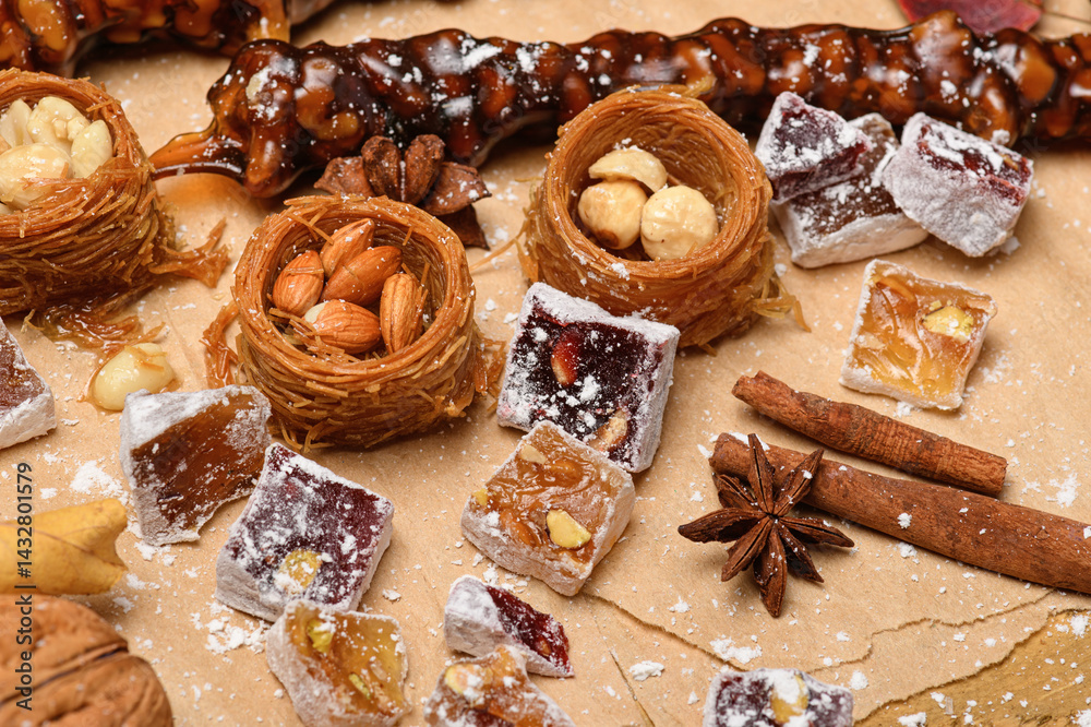Sweet food Turkish delight on wooden background, assorted locum and candy for decorated backdrop