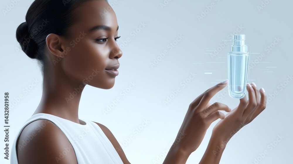 Elegant woman interacting with a futuristic skincare product. Modern beauty meets innovation in this concept of AI-powered cosmetics and diverse representation in high-tech skincare. Elegant woman interacting with a futuristic skincare product. Modern beauty meets innovation in this concept of AI-powered cosmetics and diverse representation in high-tech skincare.