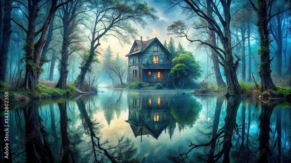 A large lake with a spooky atmosphere reflecting a haunted house with overgrown trees and vines, mystic woods, haunting vistas