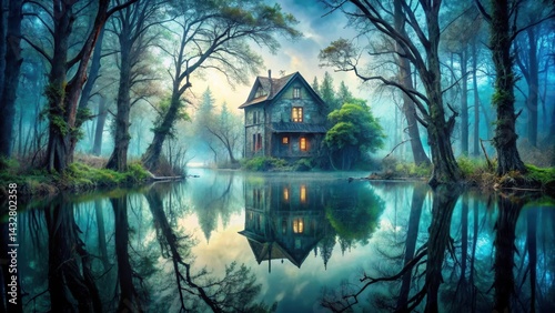 Obraz na płótnie A large lake with a spooky atmosphere reflecting a haunted house with overgrown trees and vines, mystic woods, haunting vistas w salonie