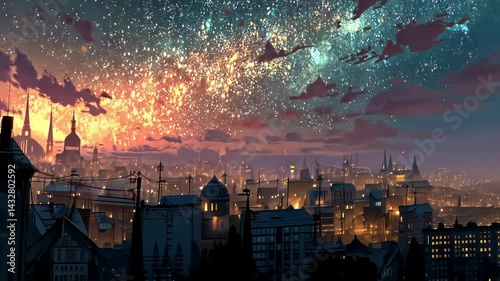 Cityscape at twilight, starry sky