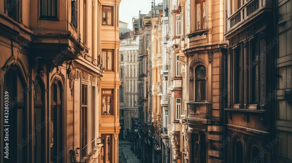 Naklejka premium Narrow city street, old buildings, urban scene, travel background