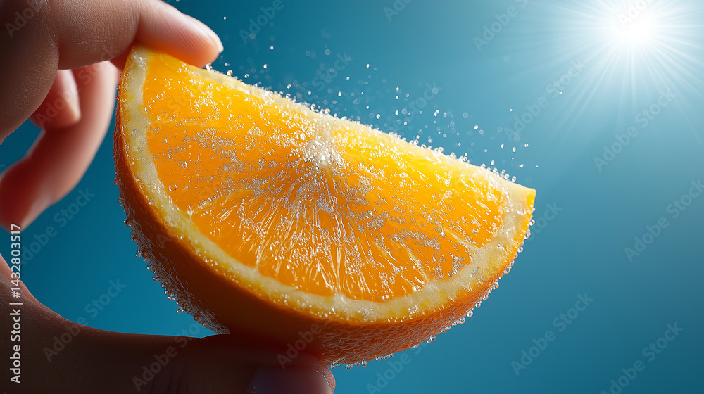 Nahaufnahme einer saftigen Orangenscheibe mit Wassertropfen vor blauem Hintergrund