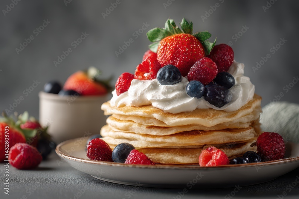 Delicious Pancakes Topped with Fresh Berries and Whipped Cream Delicious Pancakes Topped with Fresh Berries and Whipped Cream