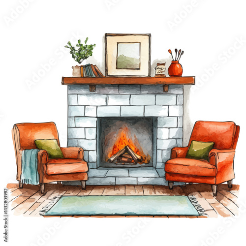 Cozy Family Living Room, vector watercolor illustration, isolated on a white background.