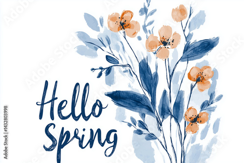 Simple digital illustration Hello Spring, blue color flower on white background 