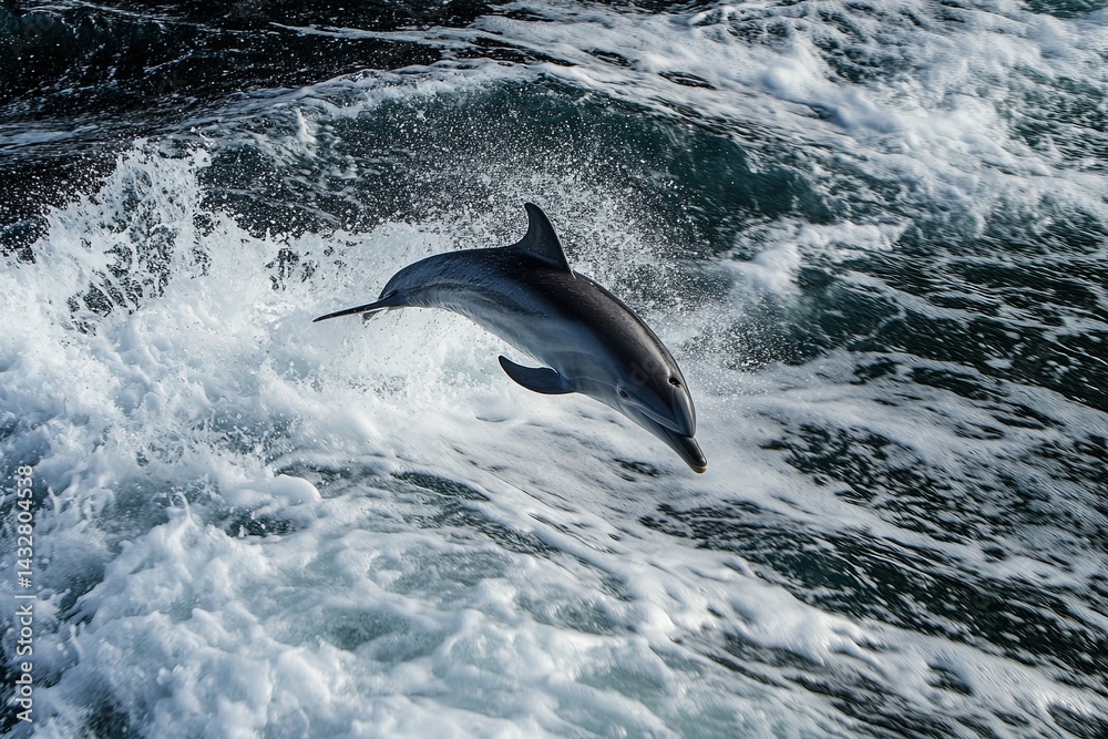 Fototapeta premium Playful dolphins jumping over breaking waves.