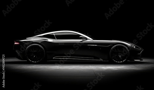 Sleek black sports car profile, sharply defined against a dark background, showcasing its aerodynamic design and powerful stance.