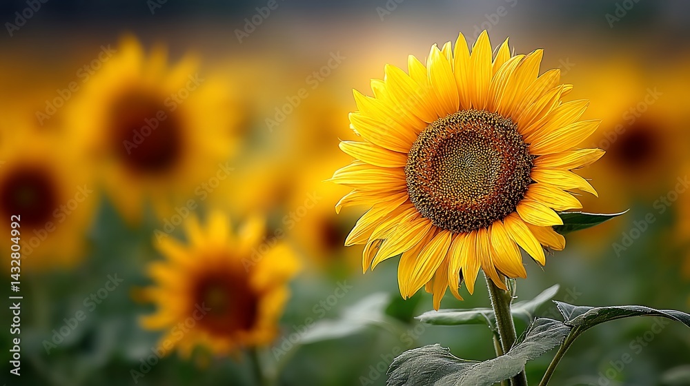 Obraz premium Vibrant sunflowers in a field, bathed in warm light