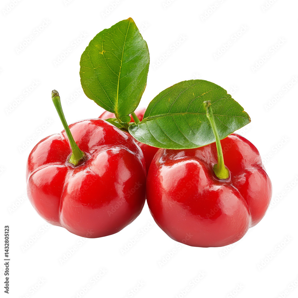 Fresh acerola cherries with green leaves on a bright transparent background, Acerola cherry on transparent background