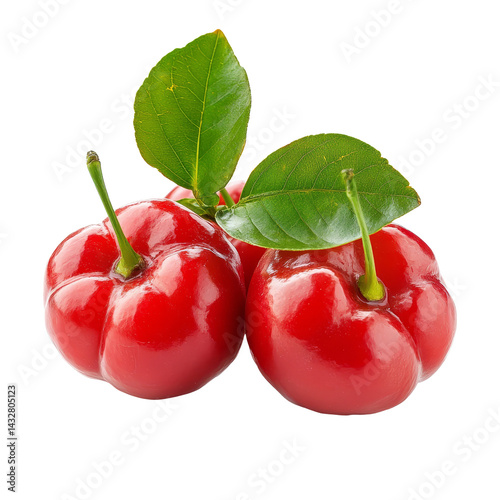 Obraz na płótnie Fresh acerola cherries with green leaves on a bright transparent background, Acerola cherry on transparent background w salonie
