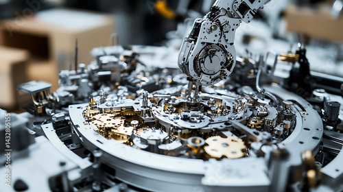 A robotic manipulator with fine tuned motor precision, assembling intricate machinery parts in a tech workshop, High-tech style