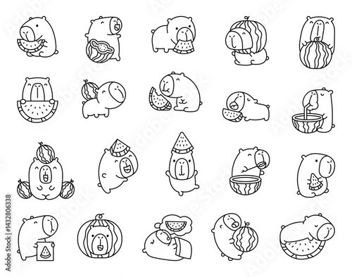 Capybara cartoon characters with watermelon fruit in cute kawaii style eating drinking sleeping posing for summer food illustrations