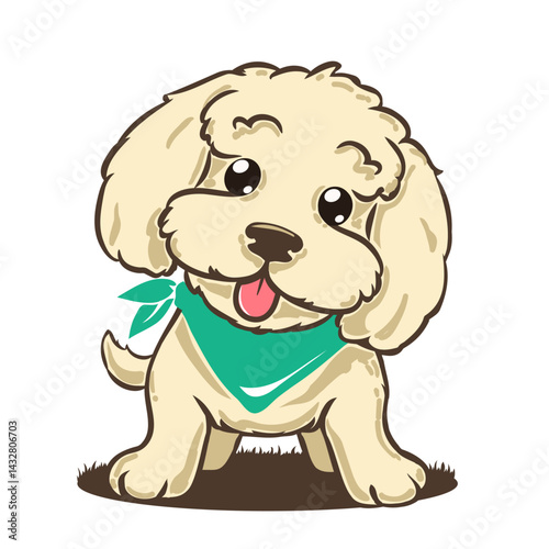 Cartoon illustration of a small, beige puppy with floppy ears and a fluffy coat.