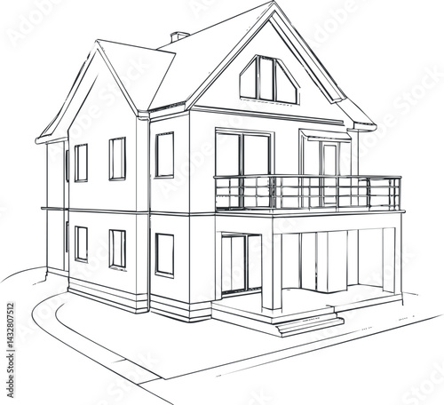 Black and white architectural line drawing of a two-story residential house with balcony and porch