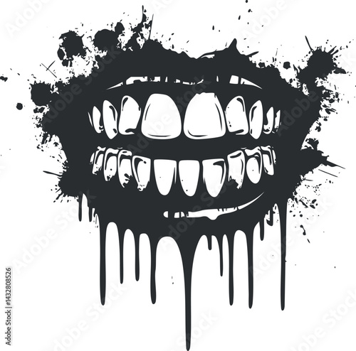 Black and white grunge style illustration of an open mouth with teeth and dripping paint splatter