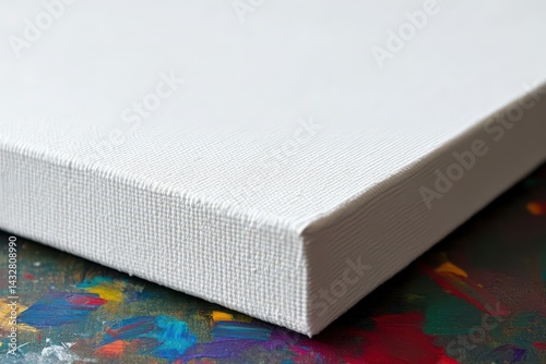 Close-up view of a blank, white canvas panel. photo