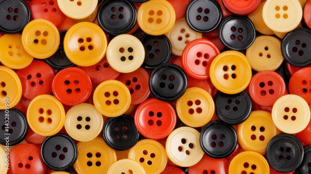 Close up view of numerous small buttons in shades of red, orange, black, and beige, creating a colorful and textured background. Close up view of numerous small buttons in shades of red, orange, black, and beige, creating a colorful and textured background.
