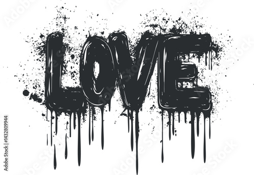 Black graffiti style word love with dripping paint and splatter effect on white background