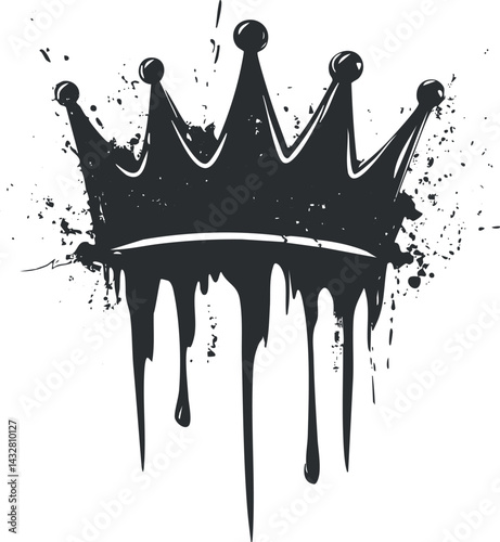 Black grunge crown silhouette with dripping paint and splatter effect on white background