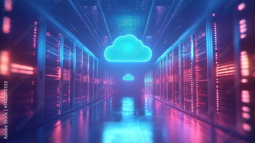 Naklejka premium Futuristic server room with cloud computing symbol