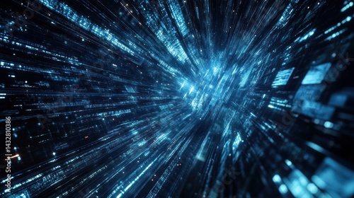 Abstract digital data stream, blue glowing lines and numbers, futuristic technology concept.