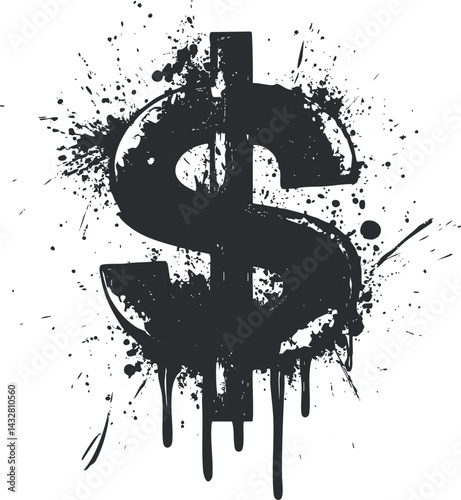 Black dollar sign symbol with paint splatter and dripping effect on white background