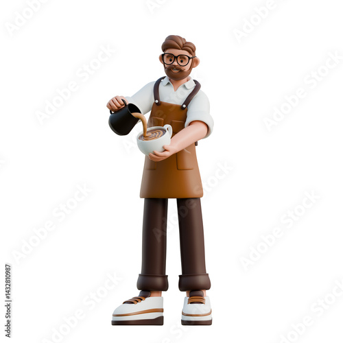 A 3D barista character making coffee art, ideal for culinary and restaurant-themed projects.