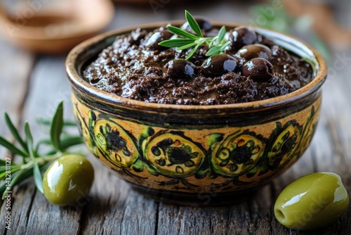 Dark olive tapenade in a decorative bowl