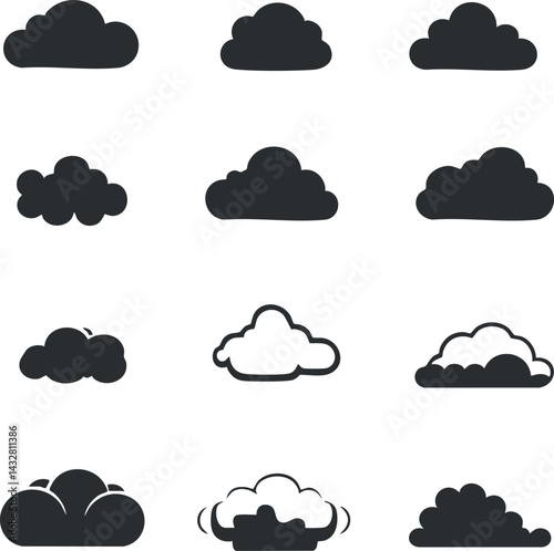 Set of twelve black and white cloud silhouette icons representing different cloud shapes and weather conditions