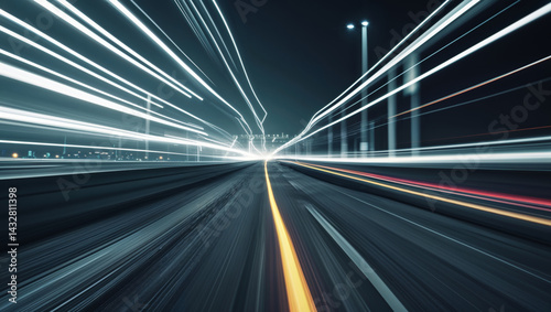 Dramatic night highway scene with light trails and streaks depicting speed and motion.
