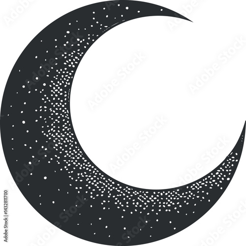 Black crescent moon silhouette with scattered white dots representing stars against white background