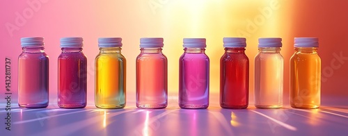 Colorful glass bottles filled with liquids glimmering in vibrant light, creating a stunning visual display.