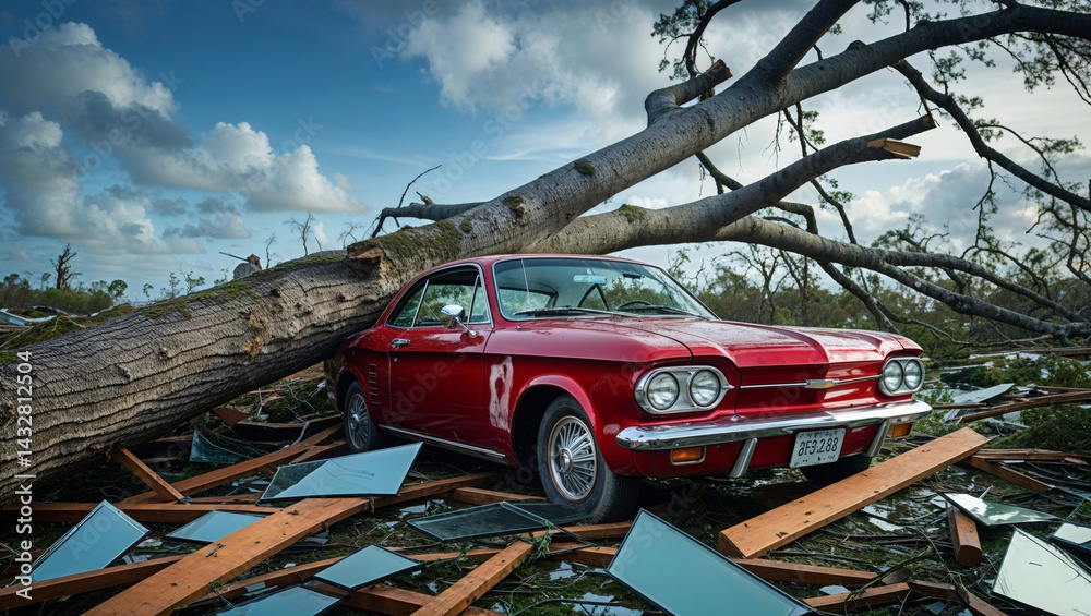 A red classic car is crushed by a fallen tree in a disaster scene with cloudy skies.