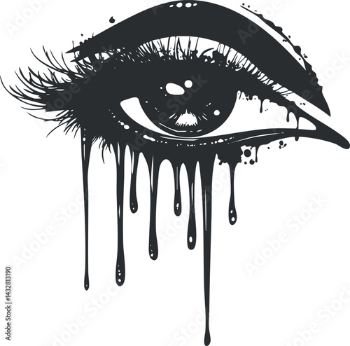 Artistic black and white illustration of a stylized eye with dripping paint effect