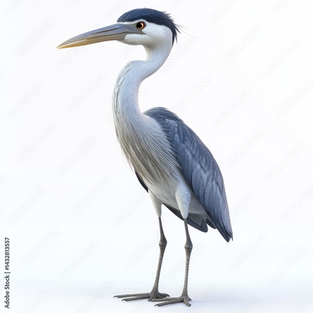 Fototapeta premium cute cartoon Grey Heron character 3D render isolated on white background 
