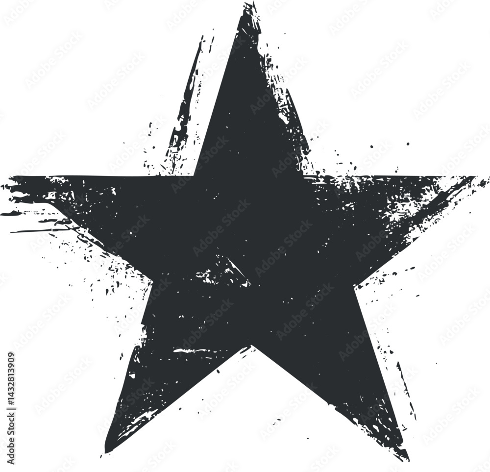 Black grunge star symbol with distressed texture isolated on white background