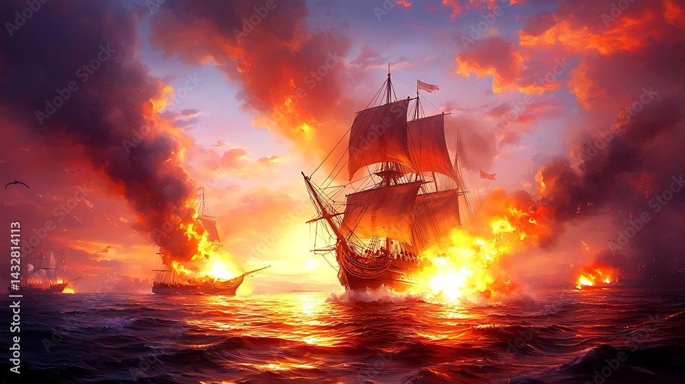 Fototapeta premium Fiery Naval Battle at Sunset: Warships Engage in Intense Cannon Fire