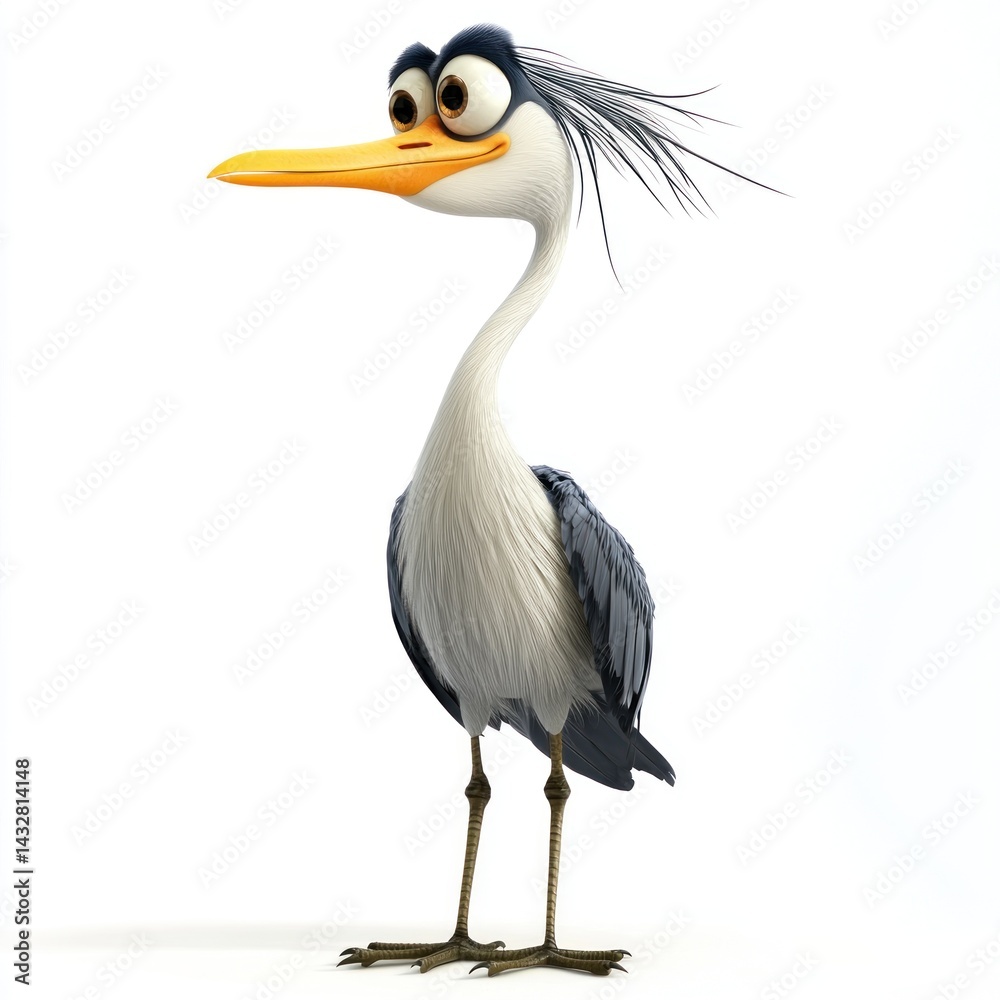 cute cartoon Grey Heron character 3D render isolated on white background cute cartoon Grey Heron character 3D render isolated on white background