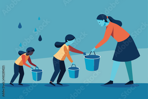 children collecting rainwater in metal pots .eps
