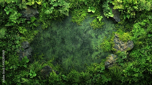Lush Greenery Frame: A Verdant Oasis of Moss, Plants, and Rocks