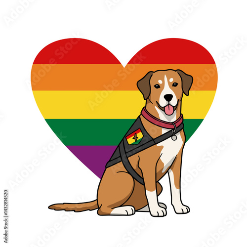 Proud service dog sitting in front of a rainbow heart background  