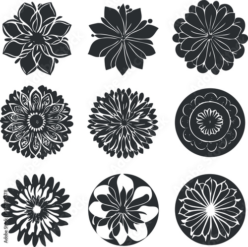 Vector illustration of nine different stylized black and white flower designs with various petal shapes and patterns.