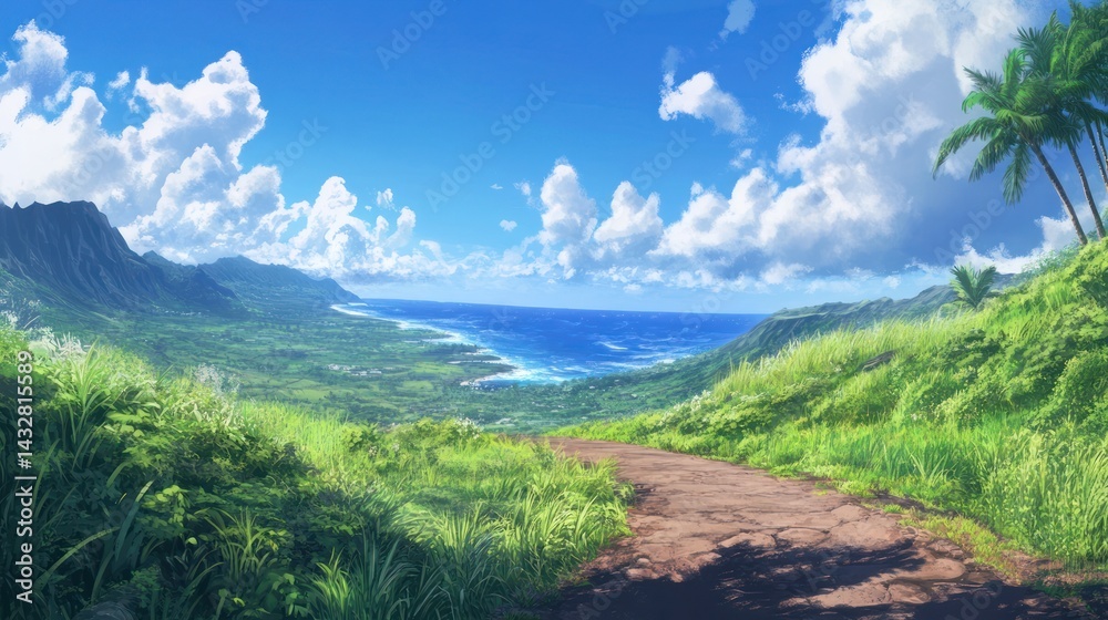 Naklejka premium Tropical Island Vista Hiking Path Overlooking Ocean