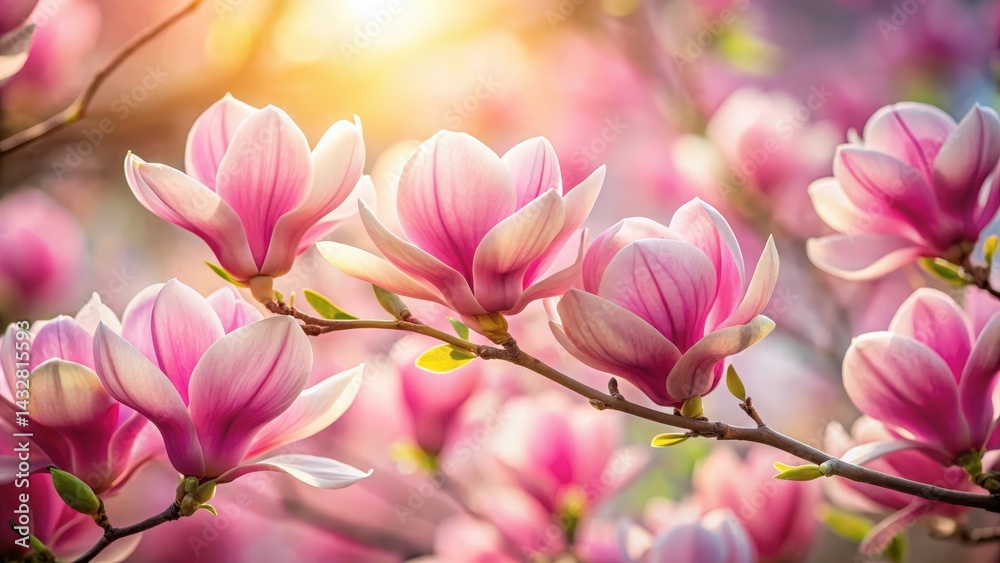 Obraz premium Delicate petals unfurl from elegant pink magnolia flowers in full bloom, showcasing vibrant hues and soft textures, floral