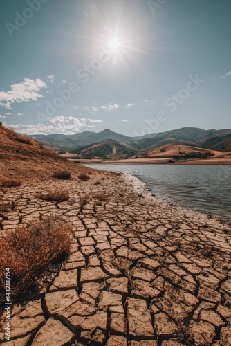 Arid cracked earth meets tranquil water under bright sun in a landscape of drought and resilience