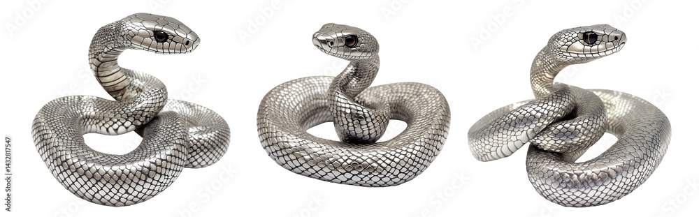 Fototapeta premium Coiled silver snake sculpture with detailed scales isolated on white transparent background, reptiles or wildlife, symbolizing Chinese Lunar New year