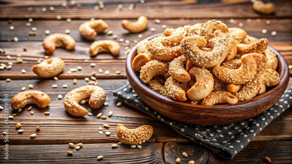 Crispy cashew nuts sprinkled with sesame seeds on a wooden table, nature, cashews, nature,cashews Crispy cashew nuts sprinkled with sesame seeds on a wooden table, nature, cashews, nature,cashews